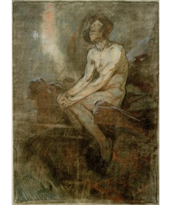 Alfons Mucha, Männlicher Akt auf einem Felsen sitzend 