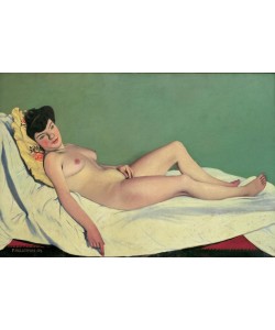 Felix Vallotton, Femme nue couchee sur un drap blanc, coussin jaune