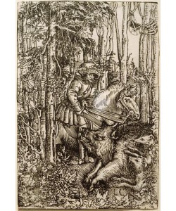 Lucas Cranach der Ältere, Jäger im Wald zu Pferd auf Wildschweinjagd