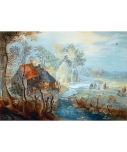 Jan BRUEGHEL DER Jüngere, Weiler an einem Fluß mit Figuren