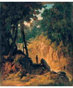 Carl Spitzweg, Bewaldete Landschaft mit Wasserfall, am Ufer mit Kapuzinerm