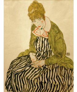 Egon Schiele, Edith Schiele in gestreiftem Kleid, , sitzend