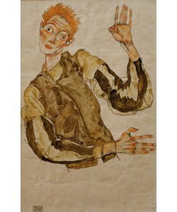 Egon Schiele, Selbstdarstellung mit gestreiften Ärmelschonern