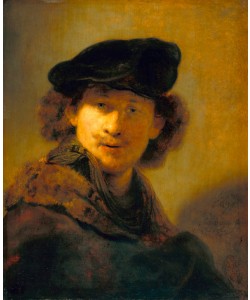 Rembrandt Harmenszoon van Rijn, Selbstbildnis mit Samtbarett und einem Mantel mit Pelzkragen