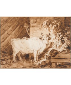 Jean-Honoré Fragonard, Weißer Stier und Hund in einem Stall