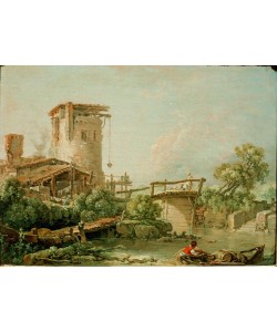 Francois Boucher, Landschaft mit Turm und Brücke