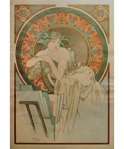 Alfons Mucha, Frau mit Mohnblumen und Graphikmappe 