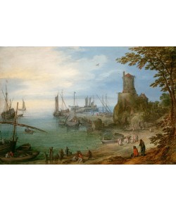 Jan Brueghel der Ältere, Eine Hafenszene, überblickt von einem Wachturm, mit Fischern beim Ausladen ihres Fanges