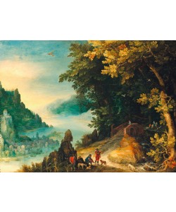 Jan Brueghel der Ältere, Weite Flußlandschaft mit rastenden Wanderern