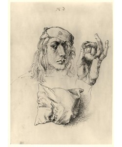 Albrecht Dürer, Selbstbildnis, daneben die linke Hand Dürers, darunter ein Kissen