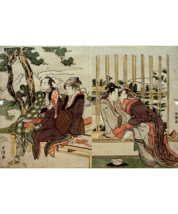 Katsushika Hokusai, Azuma und Yogoro im Altschnee. Koman und Yosaku im Abendrot