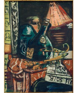 Max Beckmann, Stilleben mit schiefer Schnapsflasche und Buddha