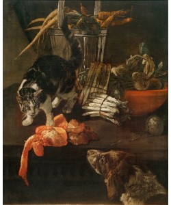 Jacobus Victors, Küchenstück mit Hund und Katze