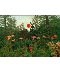 Henri Rousseau, Forêt vierge au soleil couchant. Nègre attaqué par un léopa