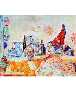 James Ensor, Pierrot et squelette en robe jaune