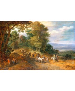 Jan Brueghel der Ältere, Belebter Fahrweg auf waldiger Höhe