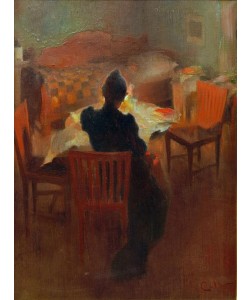 Carl Larsson, Interieur aus Dalarna im Lampenlicht
