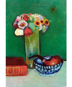 August Macke, Stilleben mit Blumenstrauß und Pfeife in blauer Schale