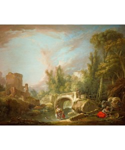 Francois Boucher, Flußlandschaft mit Ruine und Brücke