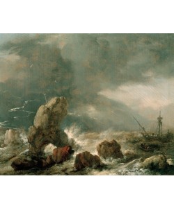 Philips Wouwerman, Stürmische See mit drei Schiffen in Seenot