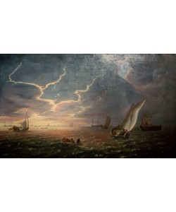 Jeronimus van Diest, Segelschiffe in rauer See bei Sonnenuntergang