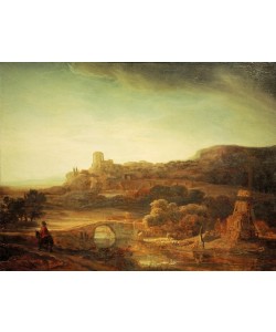 Rembrandt Harmenszoon van Rijn, Flußlandschaft mit Windmühle
