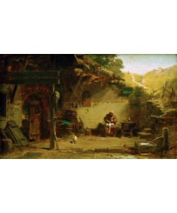 Carl Spitzweg, Alter Mönch, vor seiner Klause eine Gans rupfend