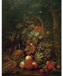 Jan Davidsz.de Heem, Stilleben mit Fruchtkorb, Kürbis, Melone und Pfirsiche an e