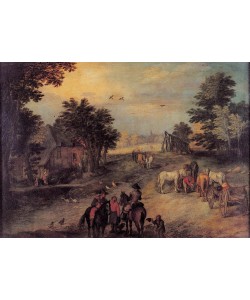 Jan BRUEGHEL DER Jüngere, Landschaft mit Reitern und Fuhrwerken