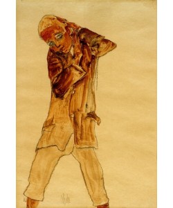 Egon Schiele, Knabe, mit langem Rock, die Hände schützend zum Kopf erhoben