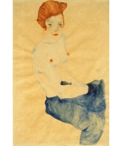 Egon Schiele, Sitzendes Mädchen, der Oberkörper nackt, hellblauer Rock