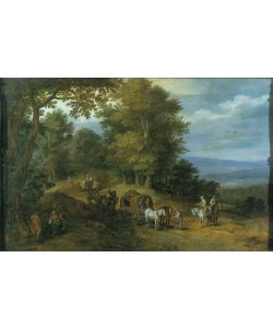 Jan Brueghel der Ältere, Belebter Fahrweg auf waldiger Höhe