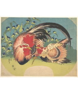 Katsushika Hokusai, Rooster, Hen and Chicken with Spiderwort