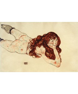 Egon Schiele, Am Bauch liegender weiblicher Akt mit offenem rotem Haar