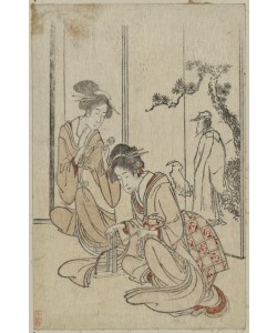 Katsushika Hokusai, Young woman braiding a cord before a screen...
