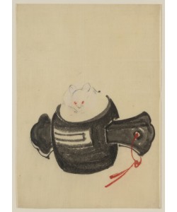 Katsushika Hokusai, Mouse, facing front, sitting on a mallet...
