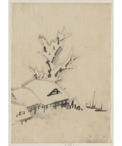 Katsushika Hokusai, Buildings and large tree on the waterfront