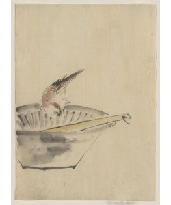 Katsushika Hokusai, A bird perched on the edge of a bowl