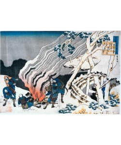 Katsushika Hokusai, Winter, hunters gather around a warming fire