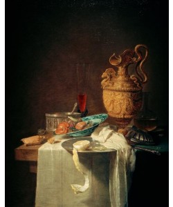 Willem Kalf, Stilleben mit vergoldeter Silberkanne, Porzellanteller mit