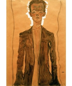 Egon Schiele, Selbstbildnis in braunem Mantel