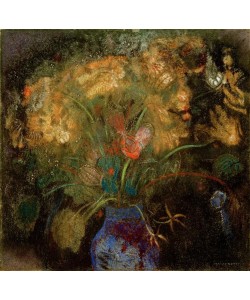 Odilon Redon, Fleurs oranges dans un vase bleu sur fond noir