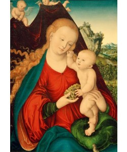 Lucas Cranach der Ältere, Madonna mit der Weintraube vor einem von zwei Engeln gehalt
