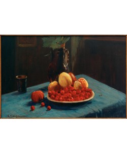 Gustav Kampmann, Fruchtstillleben auf blauer Tischdecke