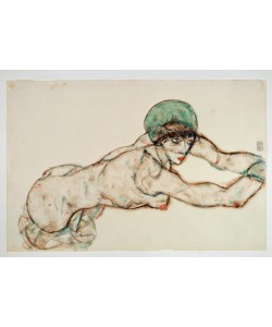 Egon Schiele, Nach rechts liegender Frauenakt mit grüner Haube