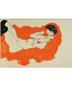 Egon Schiele, Liegender weiblicher Akt auf rotem Tuch