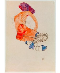 Egon Schiele, Sitzender weiblicher Akt mit blauem Strumpfband, vom Ruecken gesehen