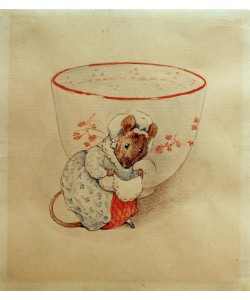 Beatrix Potter, Frau Maus macht einen Knicks vor einer Teetasse 