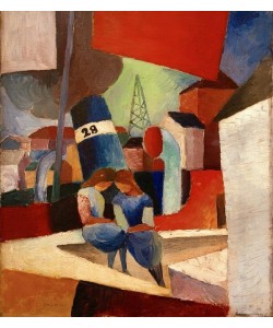 August Macke, Hafenbild mit Kindern auf der Mauer: Duisburger Hafen