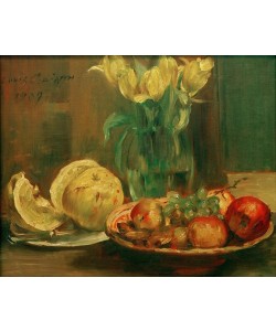 Lovis Corinth, Stillleben mit gelben Tulpen, Äpfeln und Grapefruit